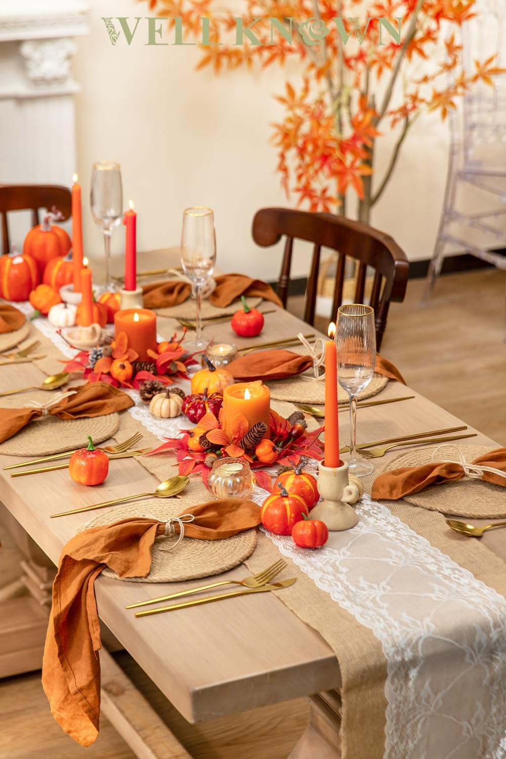 WELL KNOWN 2 Pcs Mini Fall Orange Pumpkin & Maple Candle Rings Wreath for Pillars Home Table Window Hanging Decor, 9" Artificial Flower Cabinet Wreath for Kitchen Farmhouse Wedding Party & Gift