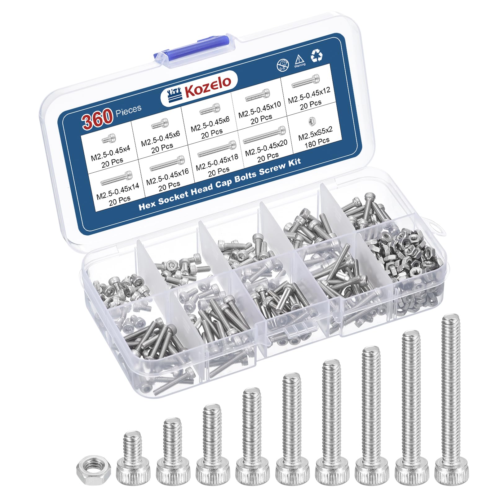 Kozelo 360pcs M2.5 Socket Head Cap Screws Bolts Nuts Assortment Kit - [M2.5x4/6/8/10/12/14/16/18/20mm] 304 Stainless Steel Allen Socket Drive for 3D