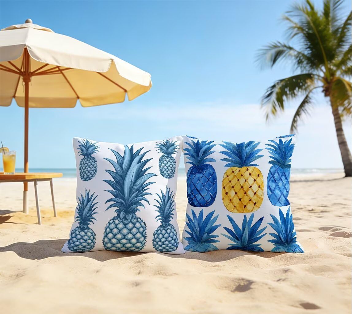 Housse De Canapé 65x65 cm Lot de 2 Bleu Coussin Canape 65 x 65 Coussin Decoratif Lin Coussincarré Ananas Impression Recto Verso avec Fermeture éclair Invisible pour Printemps Été Décoration 2-471LSL