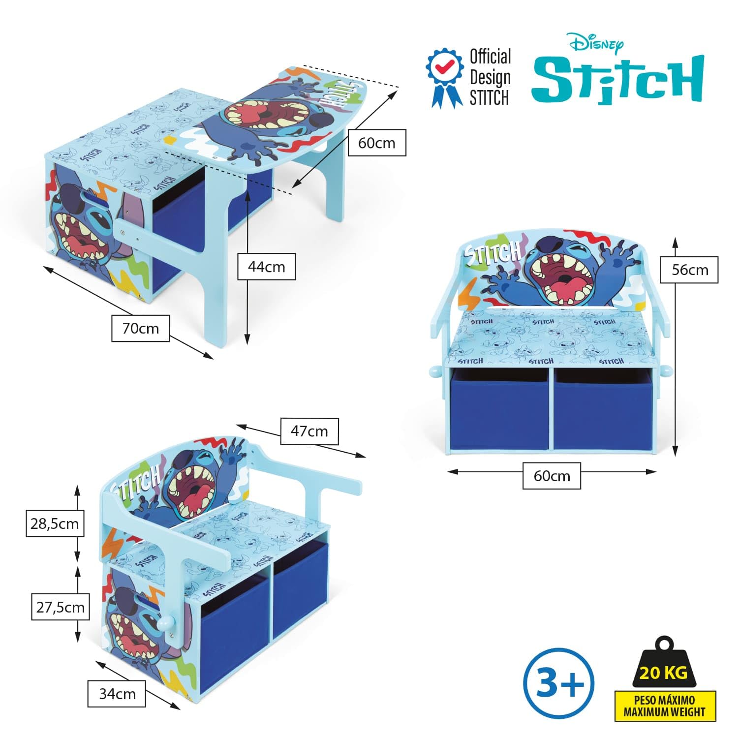 ARDITEX - Banc pupitre en Bois pour Enfants Convertible en Bureau avec Espace de Rangement inférieur Stitch de Disney - 60x47x56cm - Couleur Bleu et Turquoise - Idéal pour Chambre d’Enfant