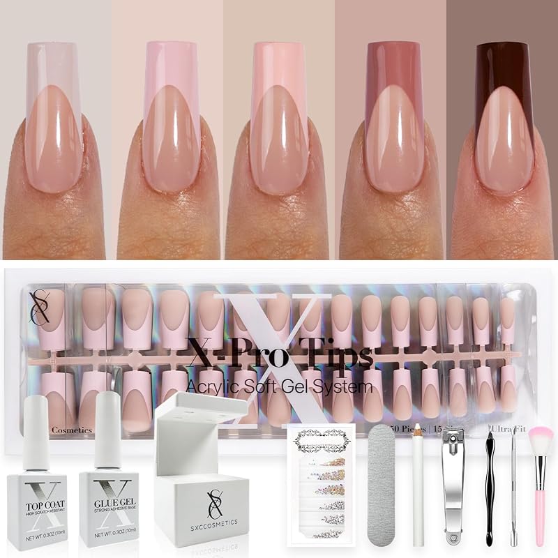 Cosmetics French Tip Press On Nails - Skin Tone Nude and Color Series, Medium Square X-Pro Tips Starter Kit ST117KIT