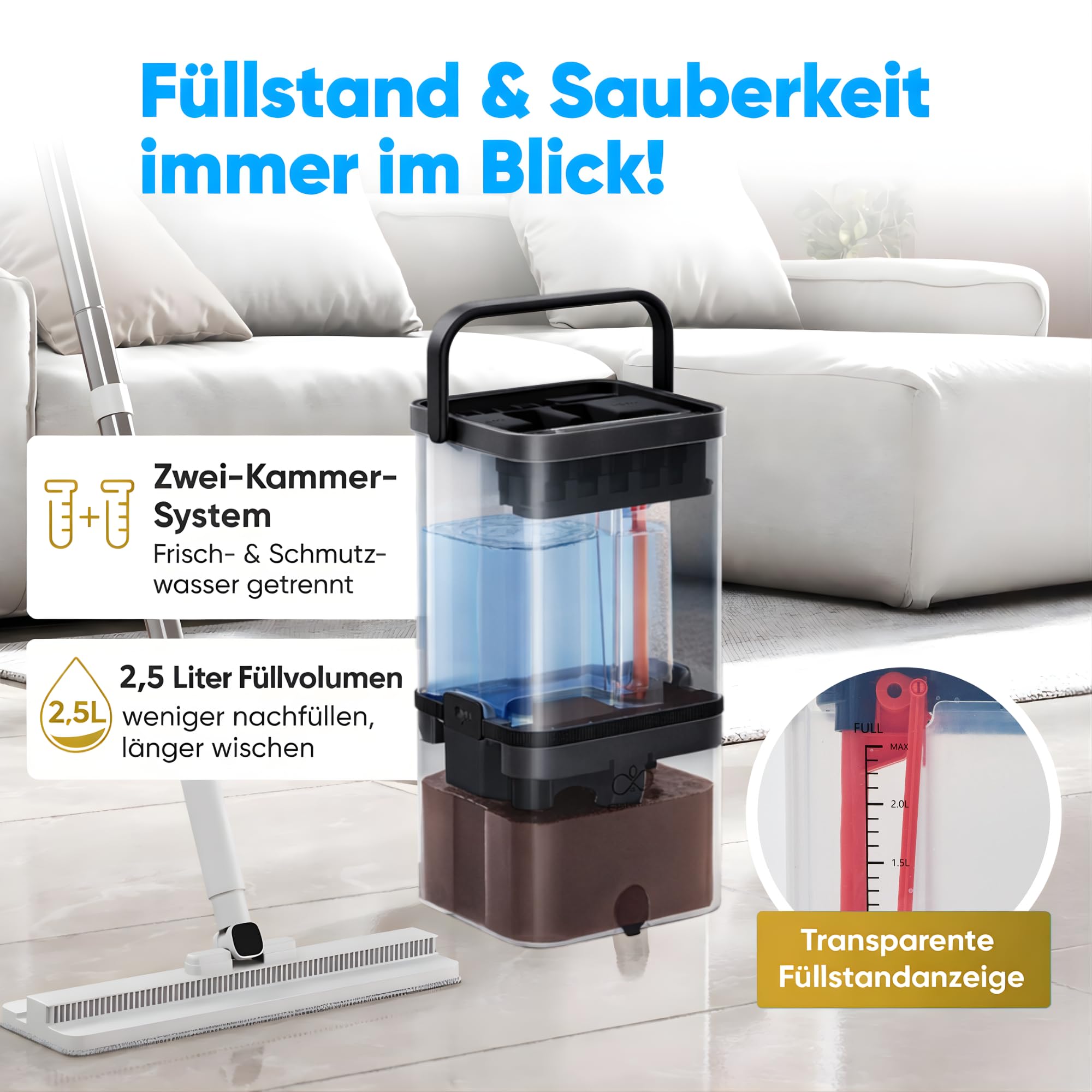 Wischmopp Set mit Eimer – Bodenwischer / Nasswischer mit 2-Kammer-System – Wischmopp & Mop Set mit Pumpfunktion – hygienischer Wischeimer – 2,5L – Putzset