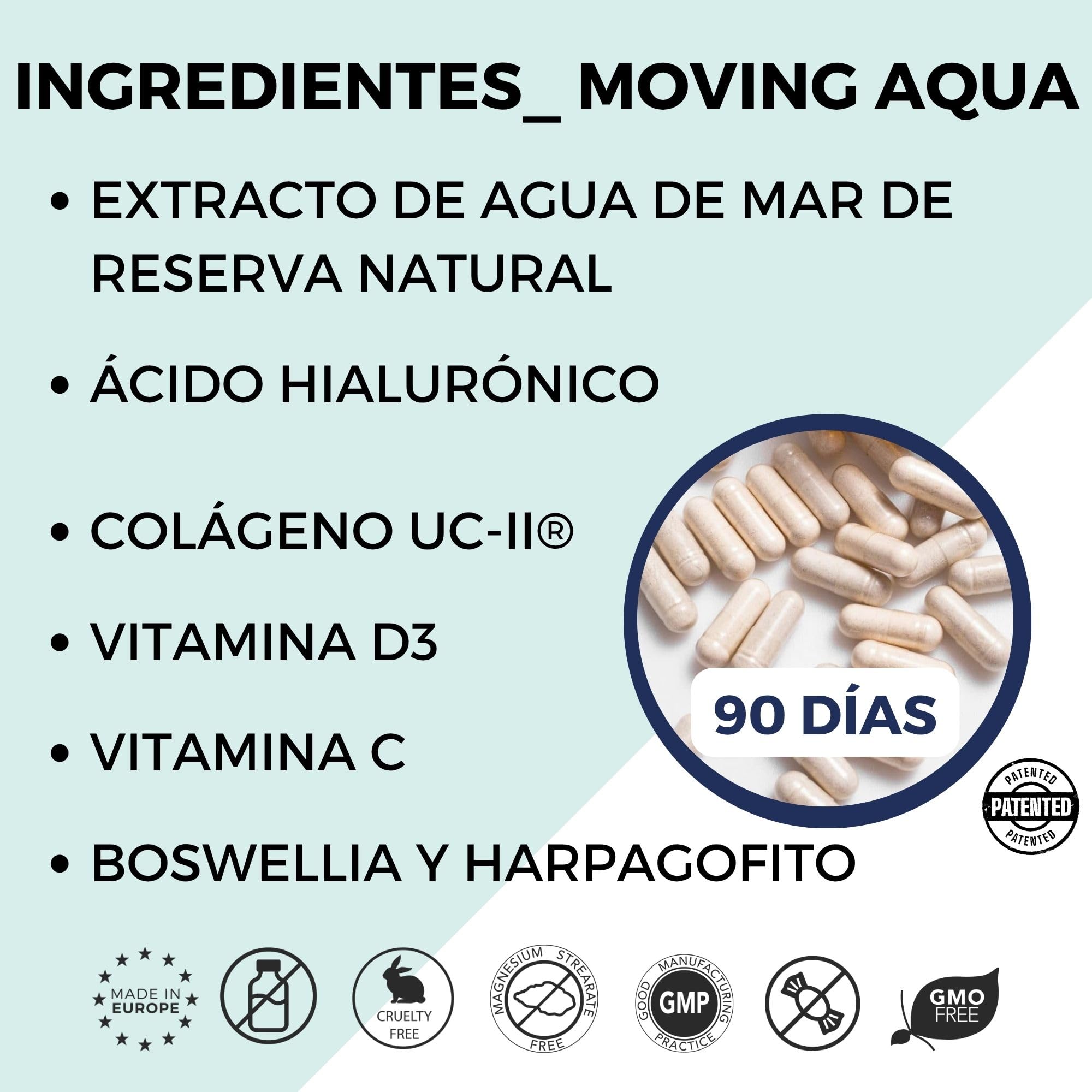 Colágeno UC-II®, Ácido hialurónico, Boswellia, Harpagófito y Sales minerales de agua de mar | Suplemento alimenticio para articulaciones, movilidad y huesos | MOVING AQUA | 90 cápsulas