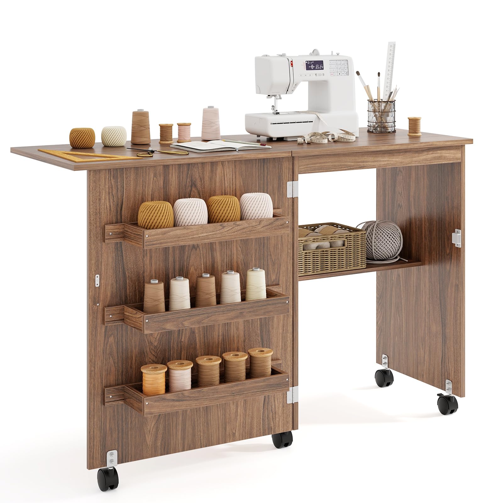 GIANTEX Nähtisch klappbar, Nähmaschinentisch auf Rollen, Nähtisch für Nähmaschine, Nähschrank Holz, Mehrzwecktisch für Wohnzimmer Arbeitszimmer Schlafzimmer (braun)
