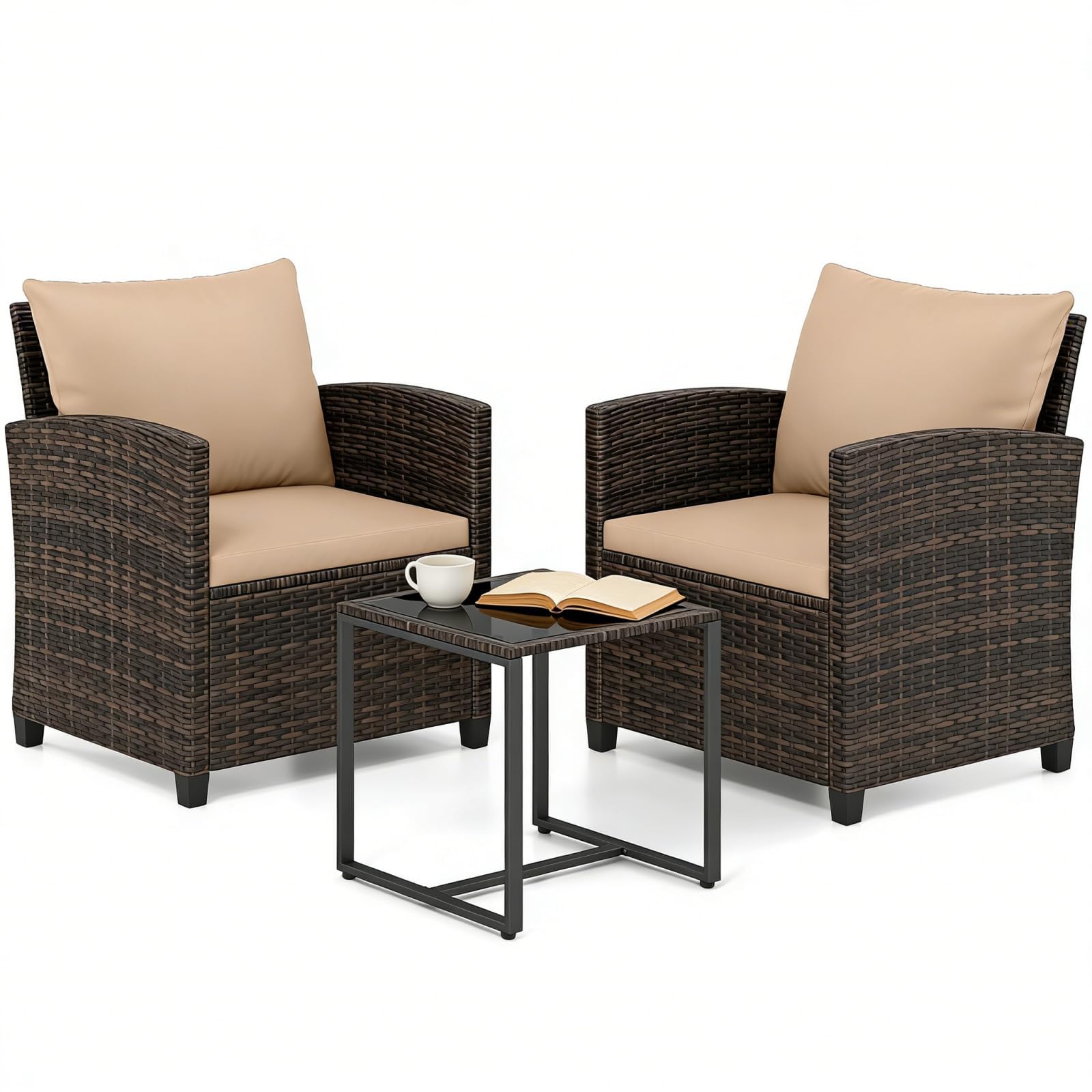 LIFEZEAL Set da Giardino Esterno in Rattan, 3 Pezzi, Salotto da Giardino con 2 Poltrone con 1 Tavolino, Cuscini Rimovibili, Arredo per Balcone, Terrazza, Patio, Cortile (Marrone+ocra)