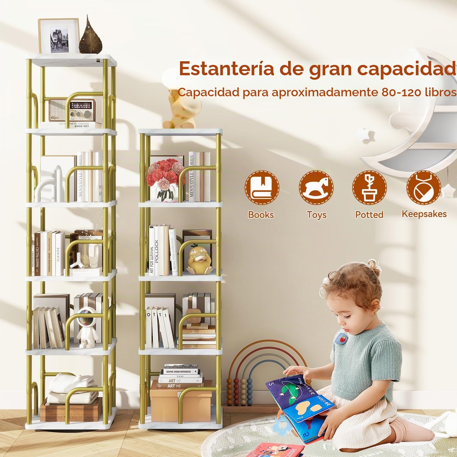 IBUYKE Estantería Giratoria de 5 Niveles,Display girevole a 360°,Estanteria Esquinera de Pie para Niños,Estantería Libros Multifuncional para Dormitorio,Salón,Estudio,Blanco,TBC005GW