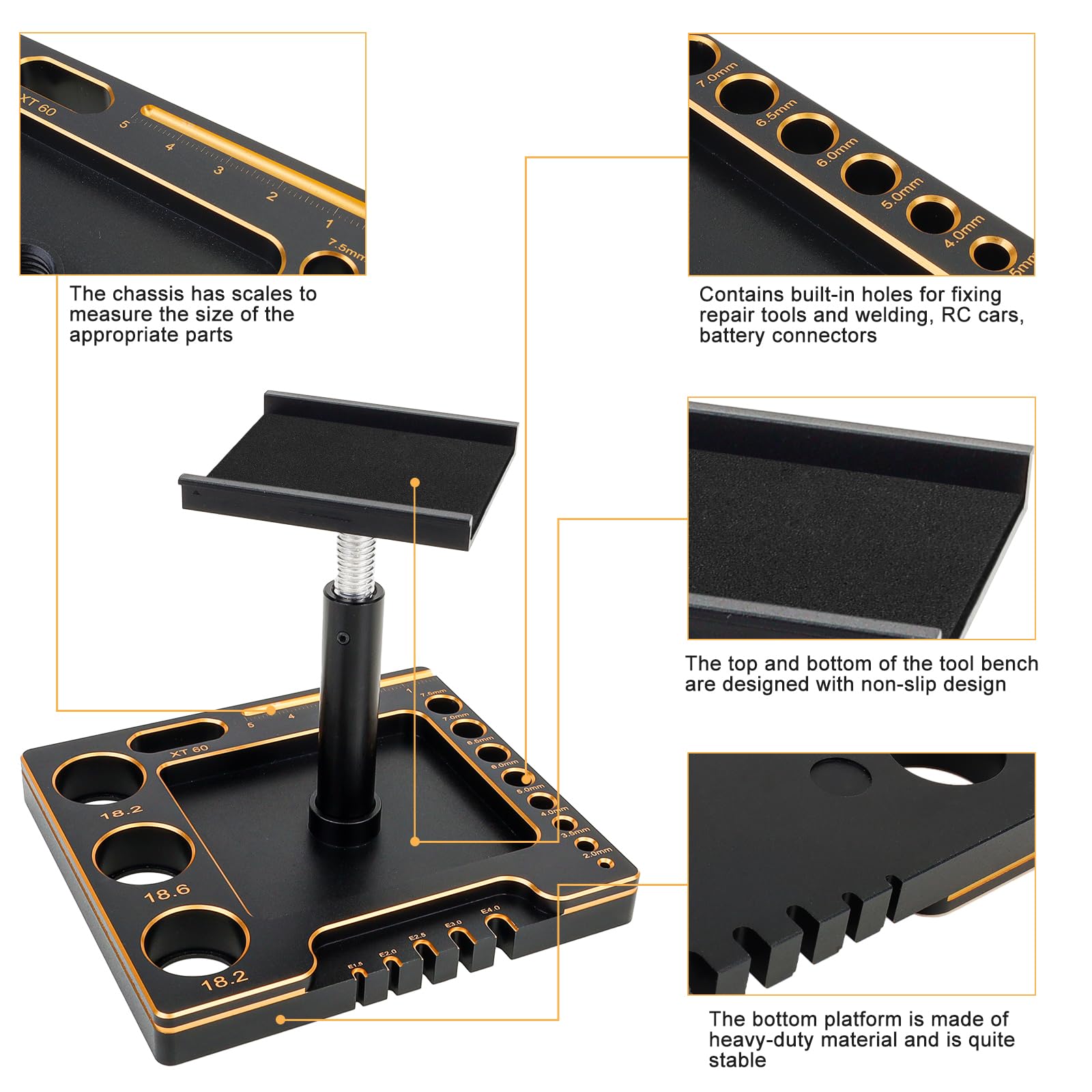 RC Car Repair Work Stand Repair Tool Set 360 Degree Rotation 1/16 1/18 1/24 RC Trucks Crawlers with RC Screws Kit and RC Screwdrivers and Screws Pallet Kit (Black Gold)