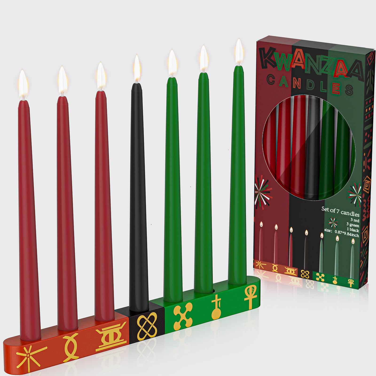 Kenburg Kwanzaa Kinara Set Kwanzaa Candle Holder with Dripless Taper Candles Set 3 Red 3 Green 1 Black Double Sided Wooden Kwanzaa Celebration Decorations Kwanzaa Candle Holders for Table -Rectangle