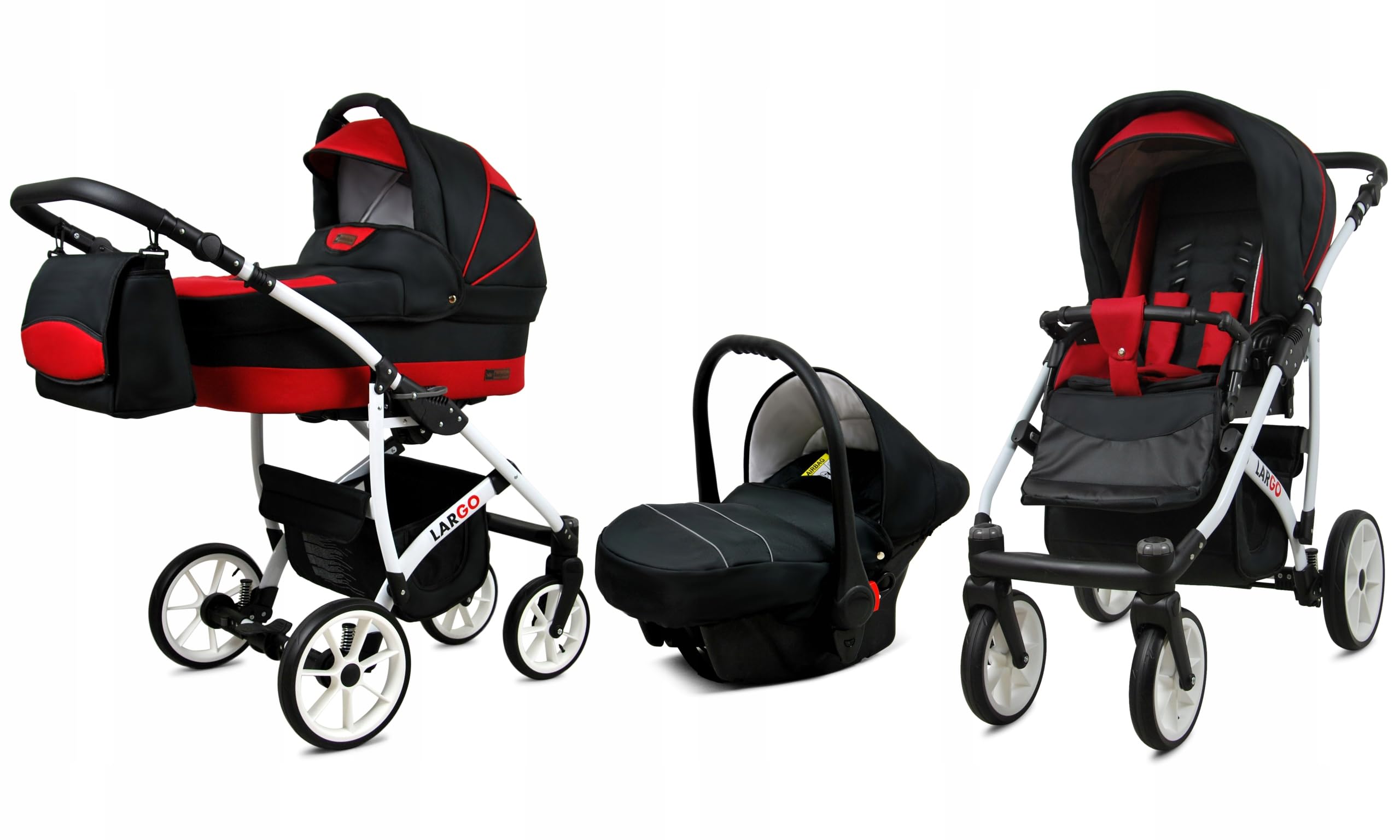 BabyLux Zestaw wózków dziecięcych 3 w 1 – Largo – w zestawie wanienka dla niemowląt, fotelik sportowy, fotelik samochodowy – zestaw wózków dziecięcych z torbą do przewijania, osłoną przeciwdeszczową