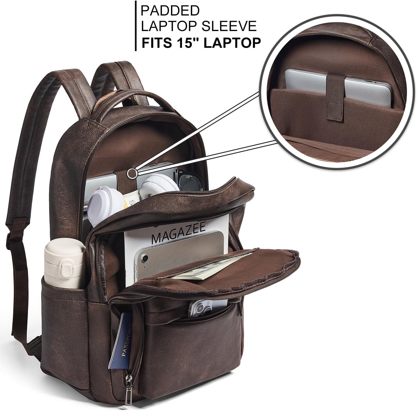 30L Backpack Purse for Women Men Laptop Backpack, Faux Leather Travel Work Backpack Teacher Bookbag fits 15.6" Laptop,Coffee - Image 2