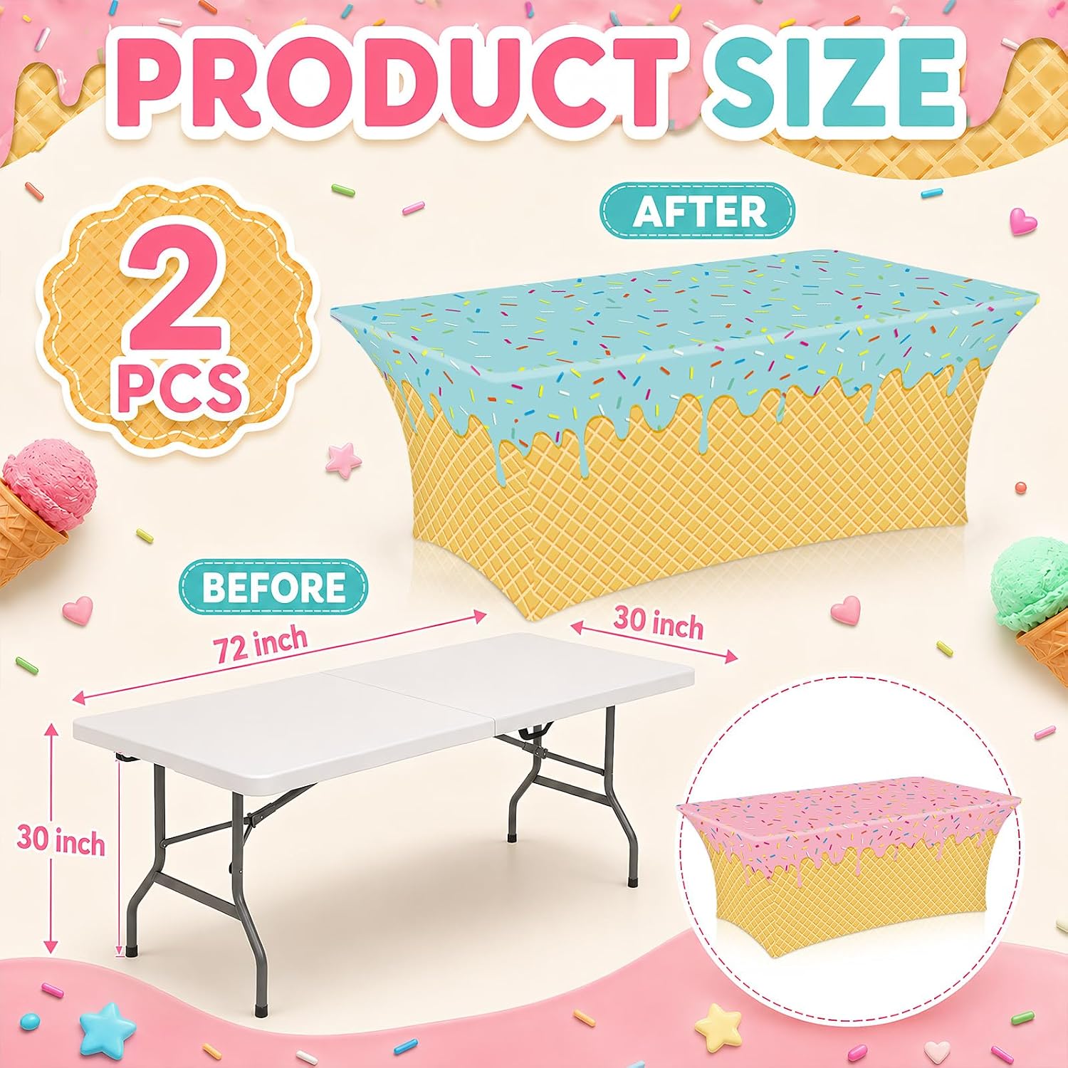 2 Pcs Ice Cream Drip Tablecloths Birthday Party Decorations Sweet Dessert Theme Spandex Rectangle Ice Cream Party Stretch Table Cover for Summer Themed Birthday Parties Supplies 30 X 30 X 72 Inch image 2
