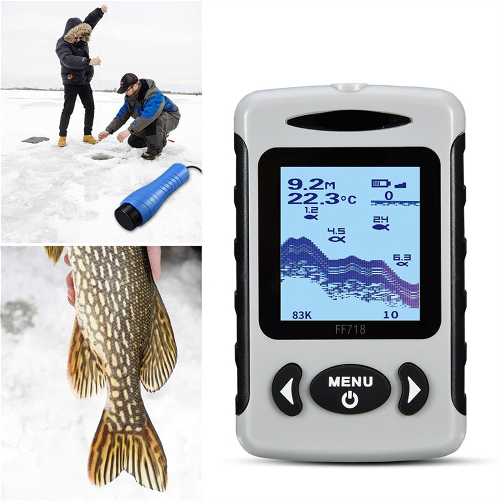 Buscador de Peces, LCD Finder portátil Profundidad 200kHz / 83kHz Doble Sonar Frecuencia 100M Detección Pesca de Hielo