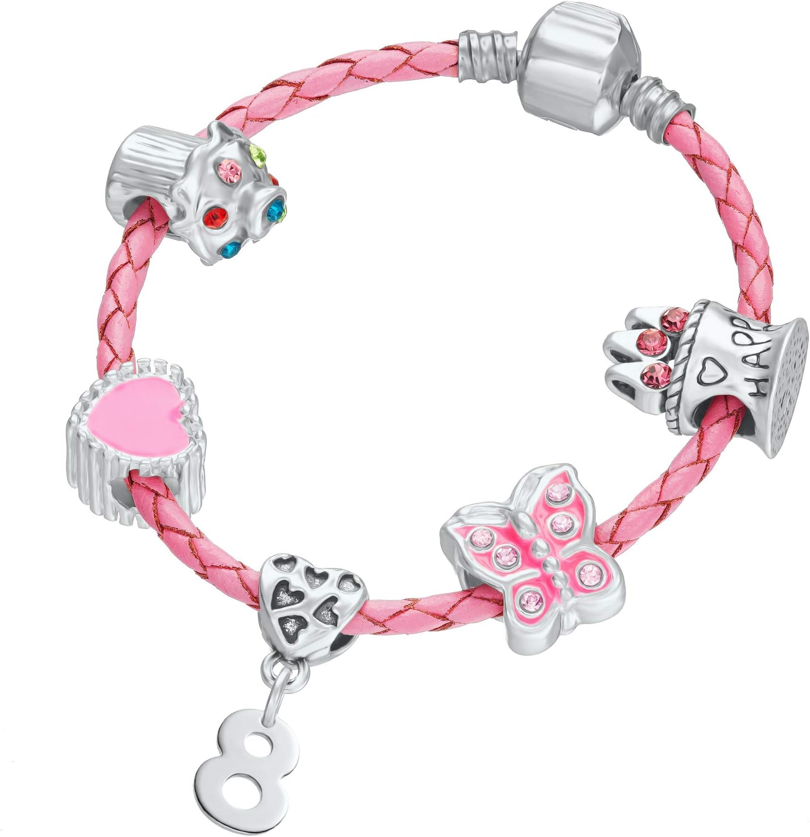 8th Birthday Pink Leather Charm Bracelet for Girls with Gift Box (17)