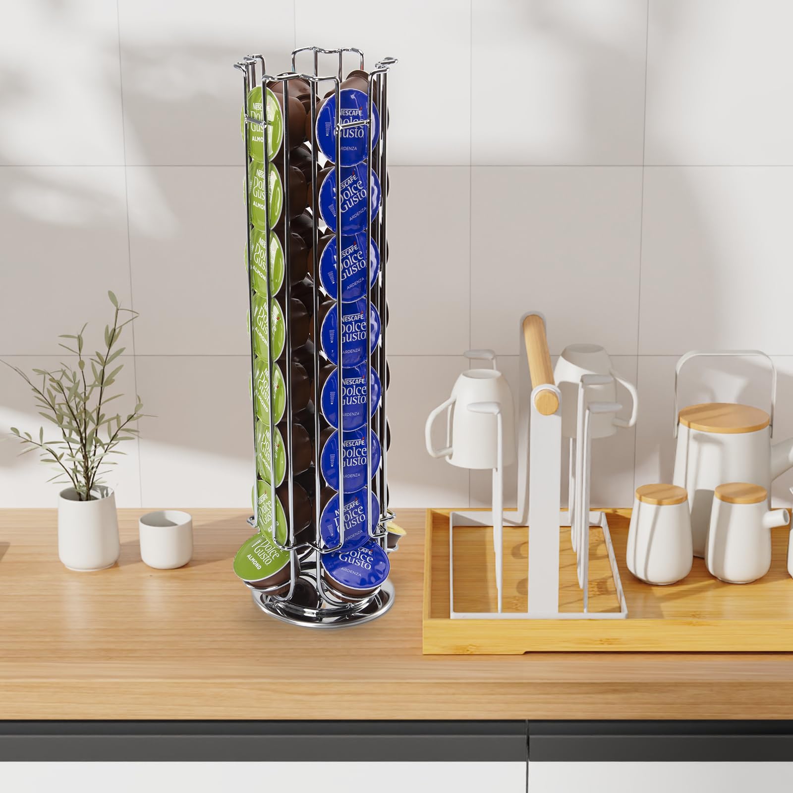 Uchwyt na kapsułki do kawy,kompatybilny z 32 kapsułkami Dolce Gusto, obracany o 360° i antypoślizgowy, dozownik kapsułek, chromowany, srebrny.