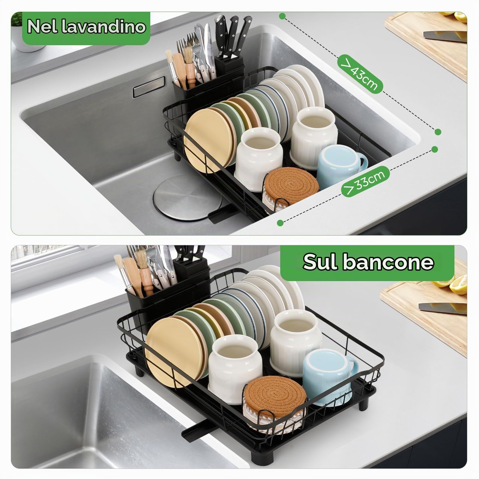 Cozary scolapiatti salvaspazio per il piano di lavoro della cucina con portautensili, scolapiatti da cucina con sgocciolatoio, nero