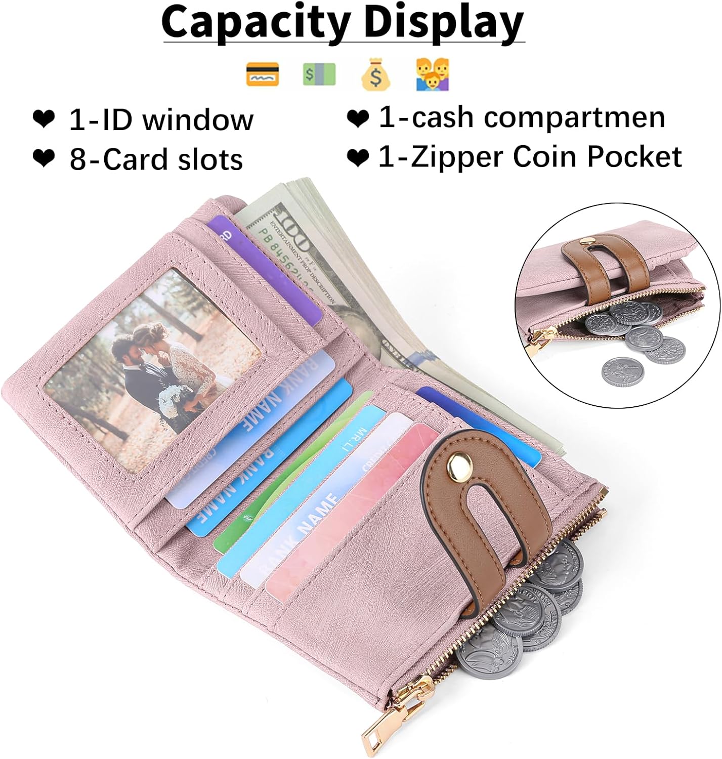 Small Wallets for Women Leather Bifold RFID Blocking Card Holder Compact Wallet Women with Zipper Coin Pocket - Image 2