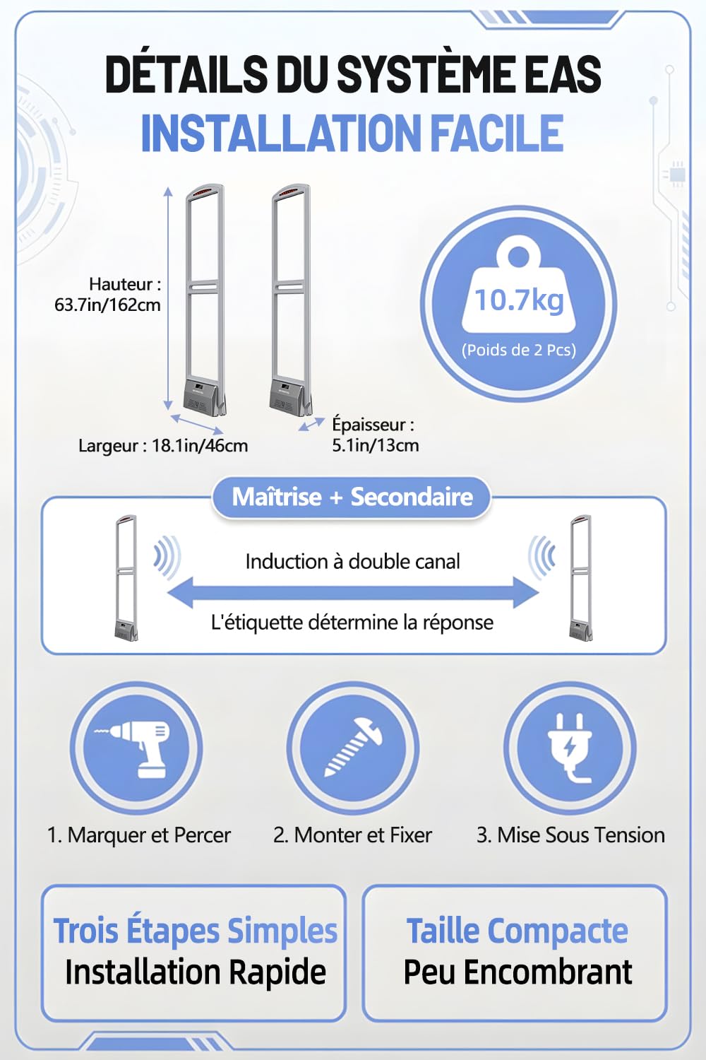 Portique Antivol AM 58kHz, Système Antivol Magasin avec Détection Haute Sensibilité et Alarme Sonore et Lumineuse, Gris, Kit avec 100 Étiquettes de Sécurité