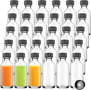 30 Pack Small Glass Bottles, Round Sample Boston Bottles with Black Caps for Essential Oils, Potion, Ginger Shots, Alcohol, Juice, Liquids(2 Oz/60ml)