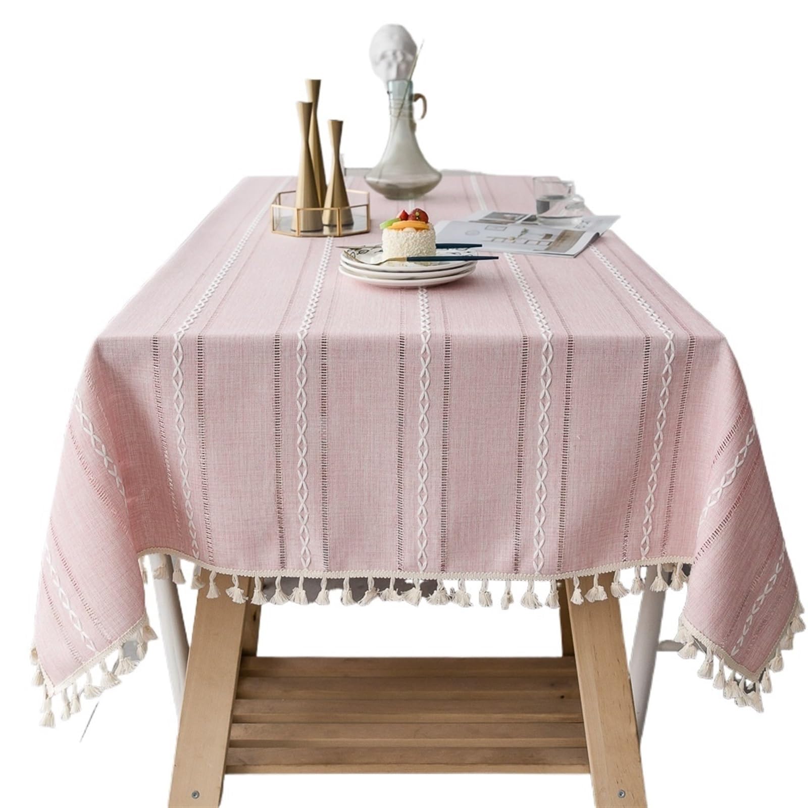 XIUsheUA tablecloth Cotton Linen Stripe Tassel Tablecloth Stain Resistant Dust-Proof Table Cover for Kitchen Dinning Tabletop Decoration Rectangular(Pink,140x200cm)