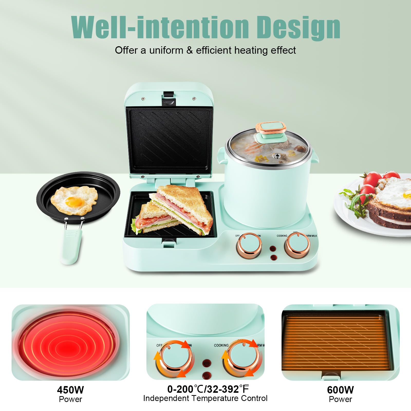 3 in 1 Breakfast Station, Electric Breakfast Maker with Frying Pan, Boiling Pot, Frying Pan Non-stick, Mini Toaster Bread Breakfast Sandwich Maker,Cooking Station, Kitchenette for Small Spaces