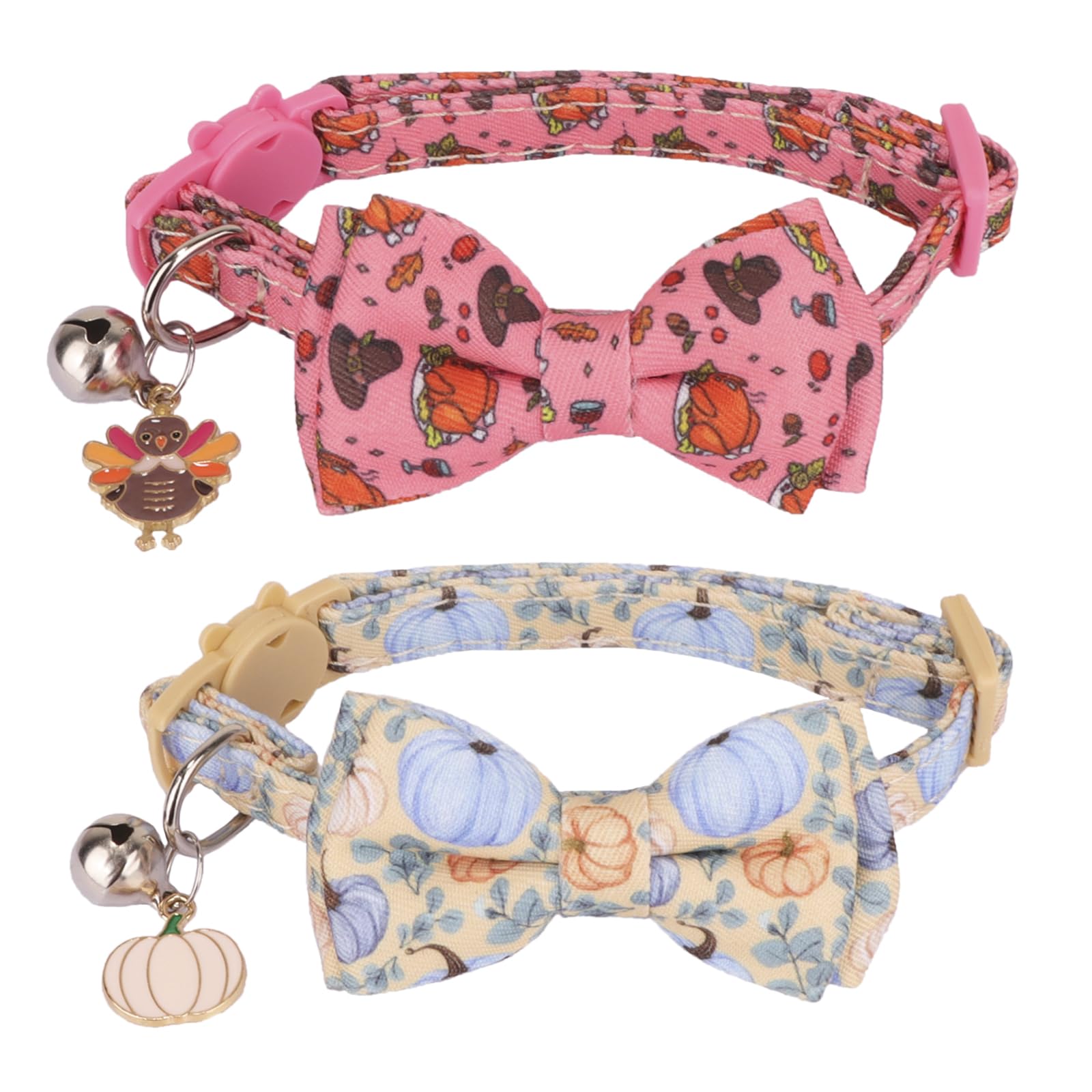 PTDECOR Collar de gato de Acción de Gracias con pajarita, campana, pavos y calabazas, collar bandana para gato, collares de pajarita para gatos y gatitos (Acción de Gracias)