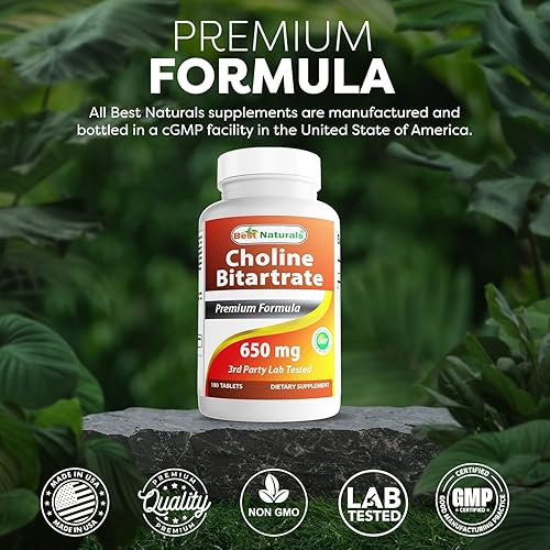 Miniatura 5 de Best Naturals Bitartrato de colina 650 mg (no OGM) para la función cerebral cognitiva saludable 180 tabletas