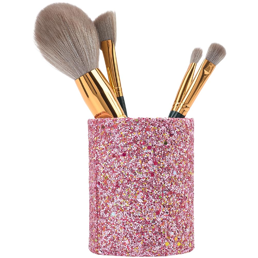 PU Leather Glitter Makeup Brush Holder Pink Shiny Bling Pencil Cup Multifunctional Stationery Container Round Leather Luxury Pens Stroage Box Case Desktop Organizer for Desk Office