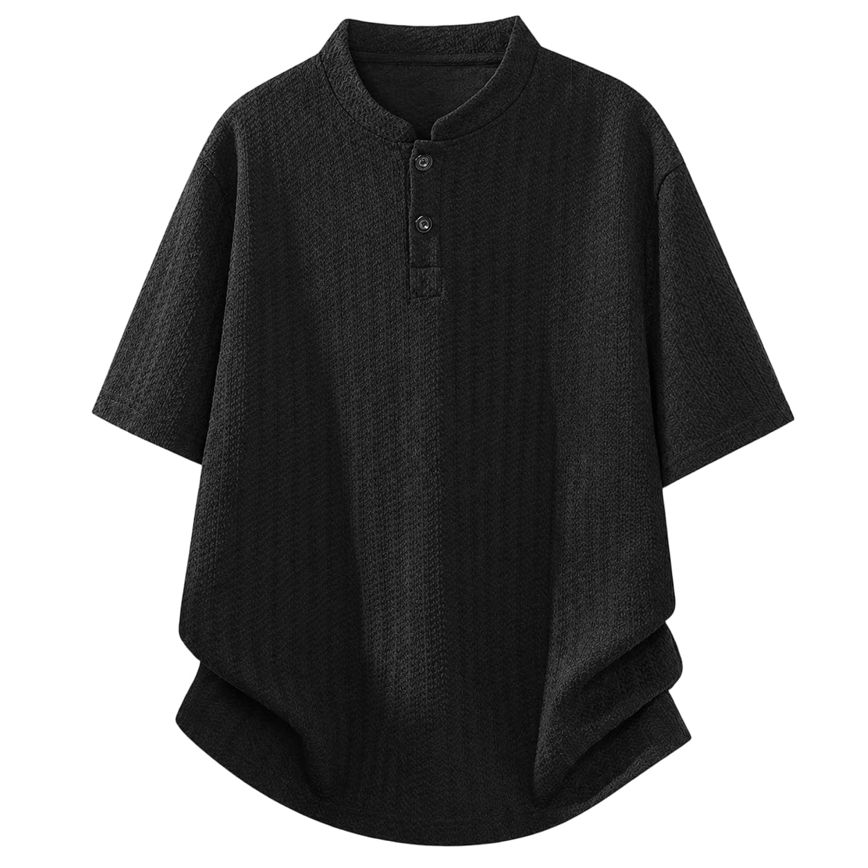 [KOTRBOY] 【高見え・ムレない・さらさら】 ヘリンボーン柄 ヘンリーネック Tシャツ 半袖 メンズ 大きいサイズ M～5XL 通気性 アイロン不要 夏カジュアル 部屋着 ブラック/ホワイト/グレー-Black-5XL