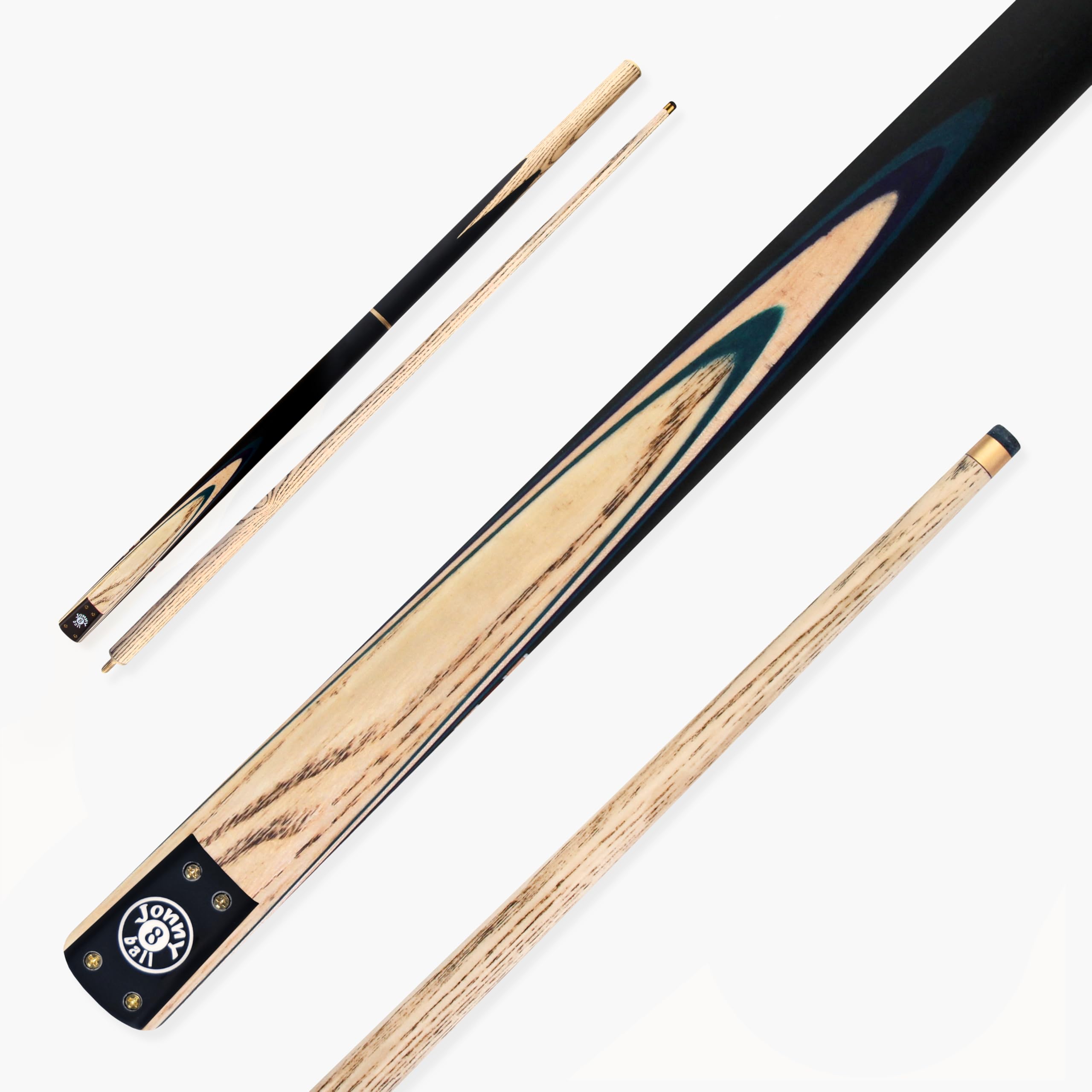 Jonny 8 Ball Traditional Range 57 Inch 3 Piece Centre Jointed Length Adjustable Snooker Pool Cue 9mm Tip - Shorten to 44 Inch (Green Half Moon)