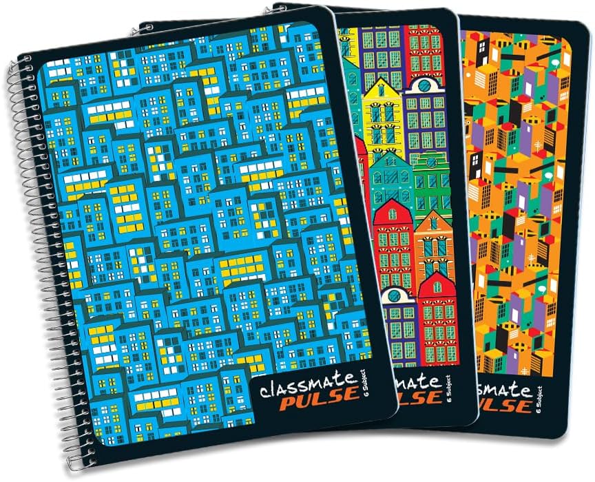 - Classmate Pulse 6 Subject Spiral Notebook - Pack of 3 | Unruled | 300 Pages | 24.0cm x 18.0cm | Attractive Cover Designs | Soft Cover | Notebooks for College Students