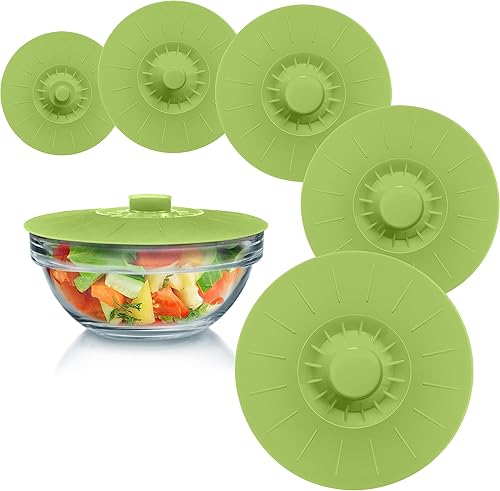 Tapas reutilizables de silicona Set de 5 tapas para cuencos boles ollas cazuelas Seguro para los alimentos Manzana Verde Apple Green
