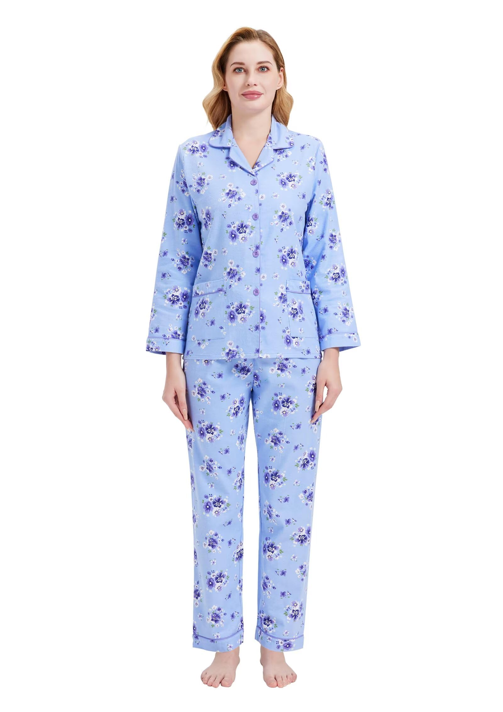 GLOBAL Women's Flannel Pajamas Set 100% Cotton PJs for Women Long Sleeve Button Drawstring Waist Warm Loungewear Sleepwear