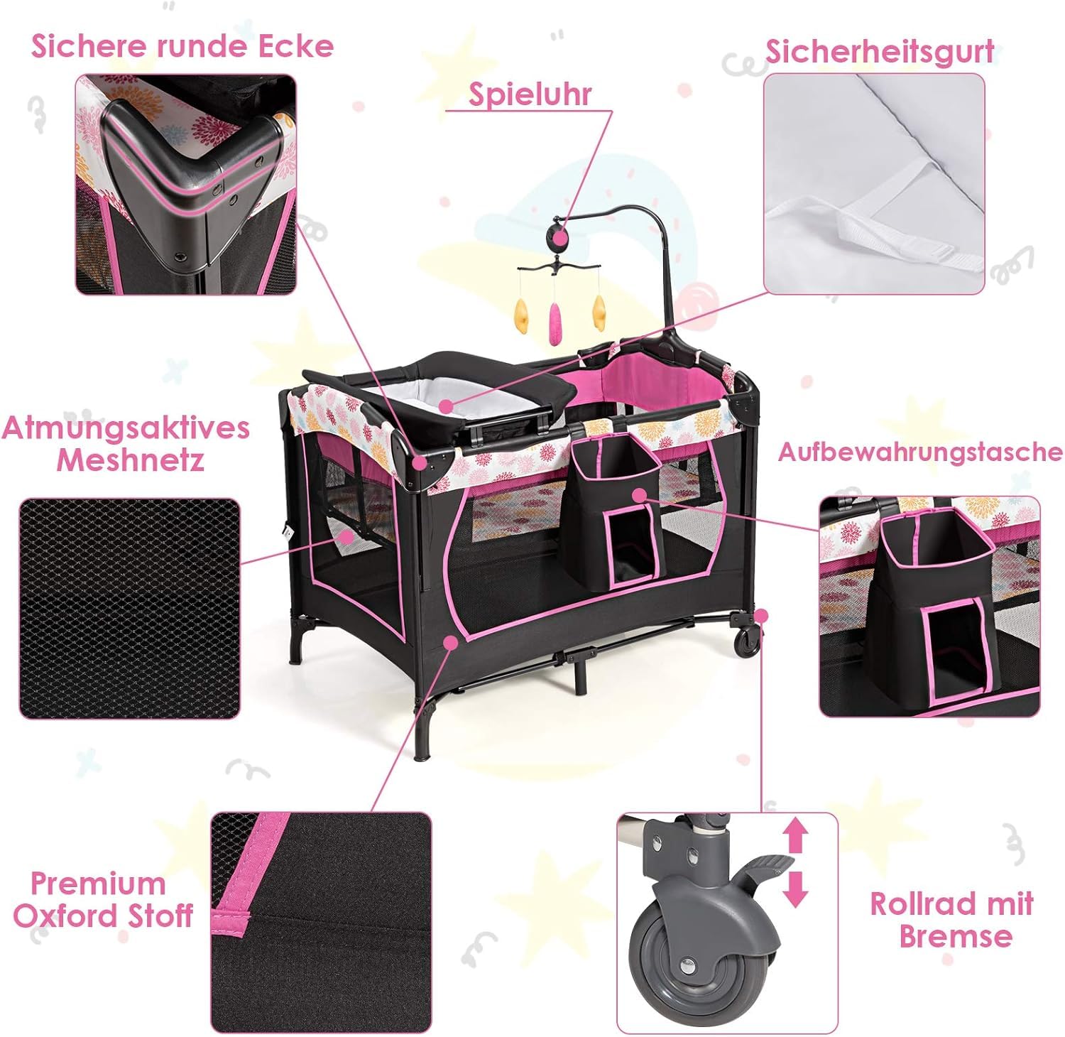 FANTASK Lettino da viaggio pieghevole 4 in 1 fino a 15 kg, culla mobile, lettino e fasciatoio e box a 2 livelli, regolabile in altezza con custodia, materasso e carillon