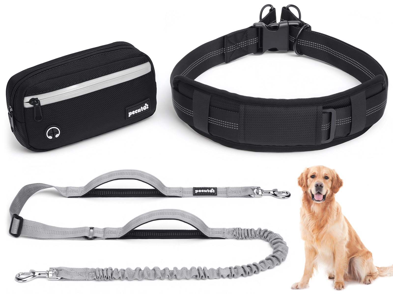 Pecute Correa Perro Cintura Antitirones, Correas Manos Libres con Bolsillo Impermeable & Desmontable, Doble Asa, Cuerda Elástica Amortiguadora, Adecuado para Correr, Caminar y Entrenar, para 15-55kg