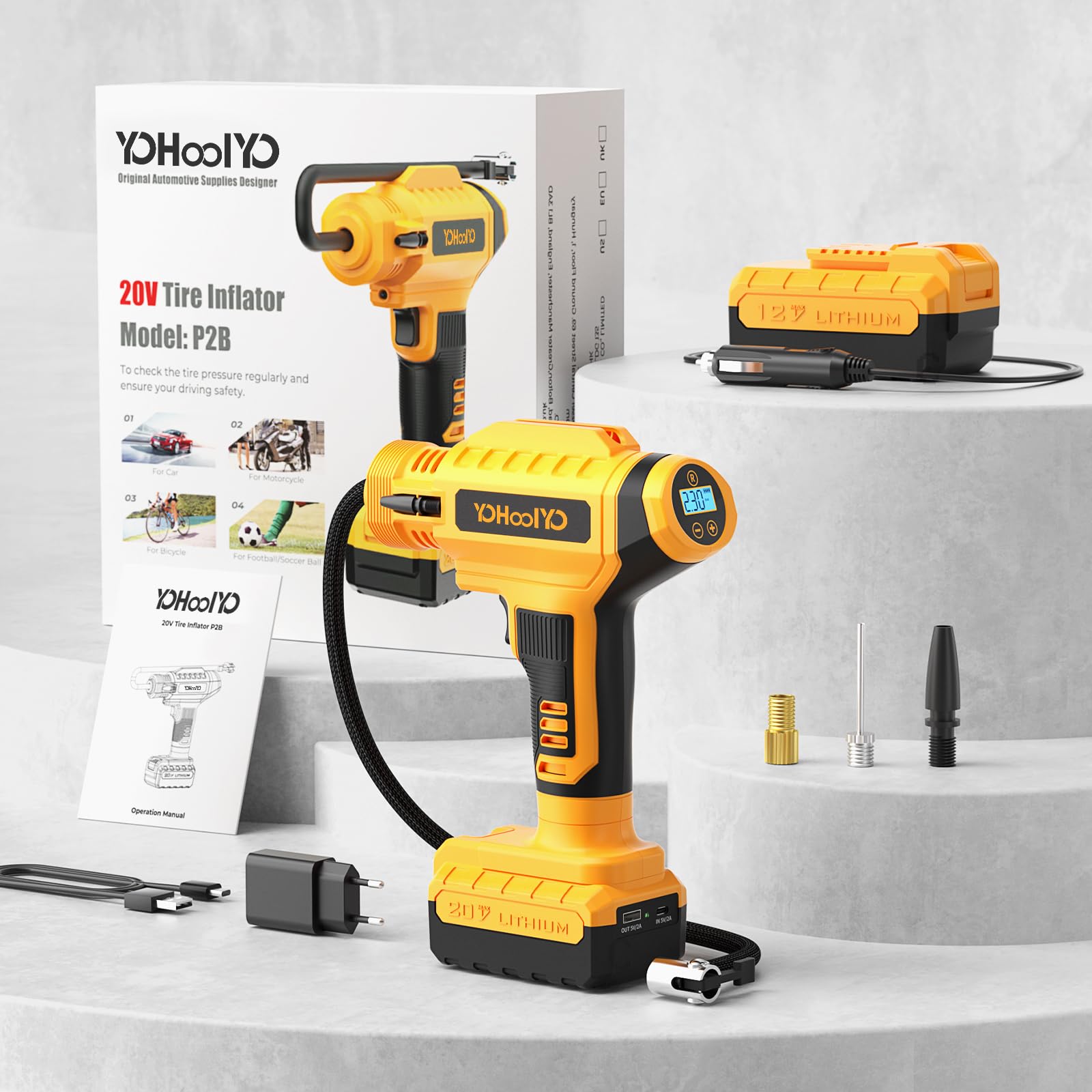 YOHOOLYO Luftpumpe Akku Kompressor Luftkompressor Handkompressor Tragbare Elektrische Luftpumpe AutoOff mit Akku und Auto Netzteil Max 150 PSI für Auto Motorrad und Fahrrad Gelb