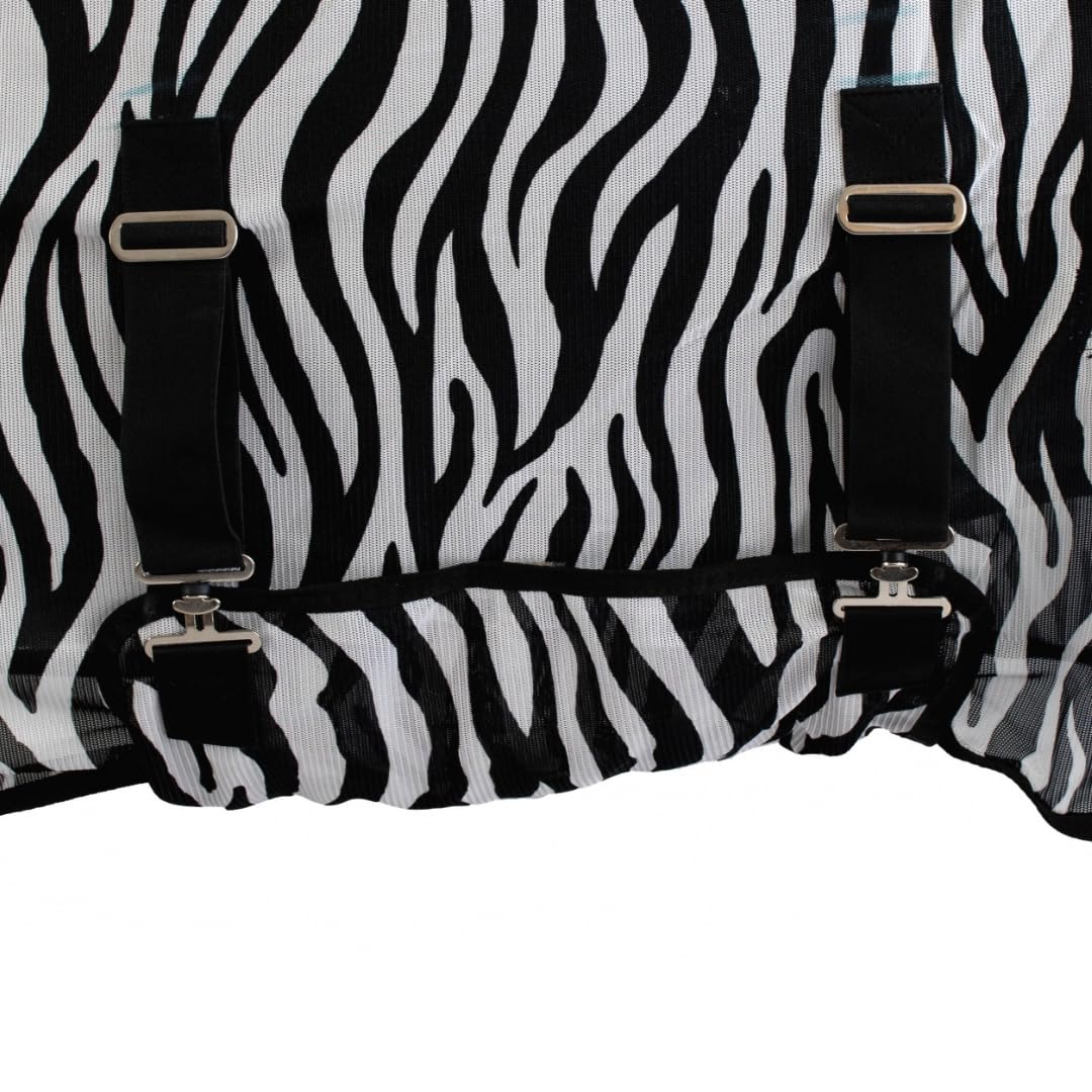 Marengos - Fliegendecke Zebra – feinmaschige Pferdedecke mit Bauch- & Schweiflatz – Schutz vor Insekten – mit Gehfalte & doppeltem Frontverschluss – Outdoor-Pferdedecke – 135 cm