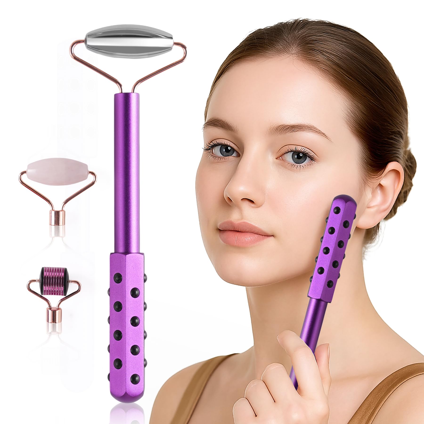 4-in-1 Germanium Stone Face Massager Beauty Roller for Up Lifting and Skin Care Anti-Aging Beauty Tool with 3