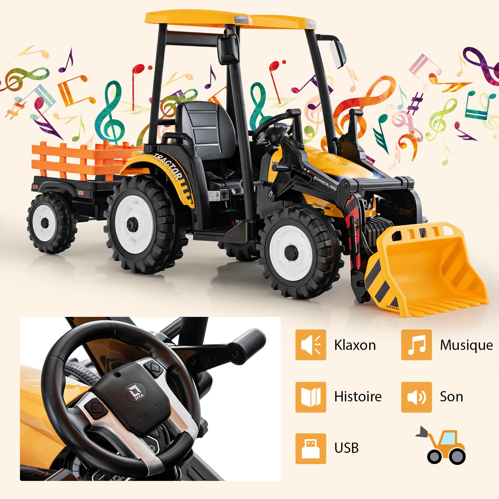 Tracteur Electrique 12V/7Ah Tractopelle Pour Enfants Télécommande 2,4G Démarrage Progressif LED Musique 30 Kg 3-8 Ans