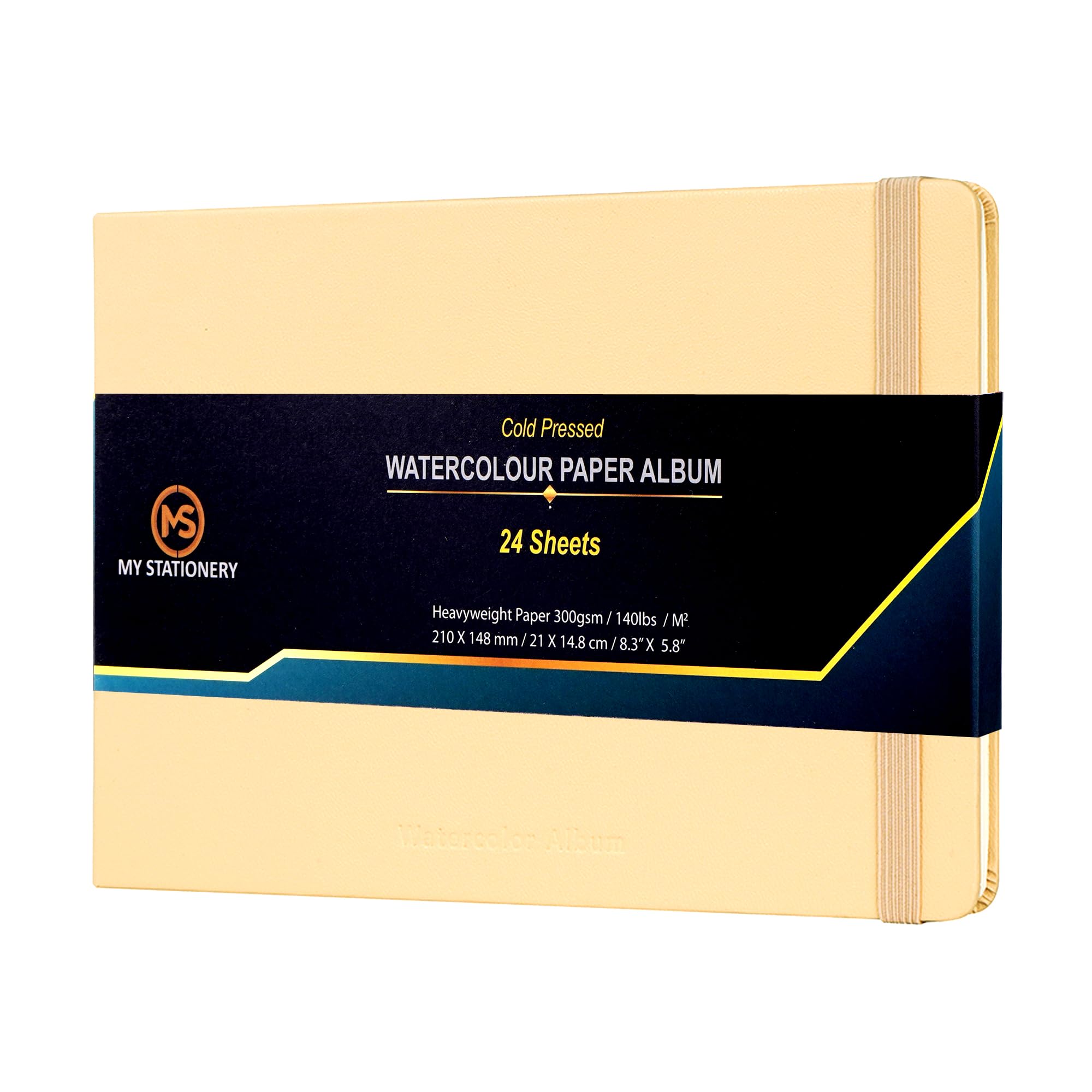 A5 Watercolour Pad Cold Pressed Sketchbook Leatherette Hardcover Thread Sewn Binding 140lb (300gsm) 100% Cotton Ivory Colour Paper Journal 24 Sheets 8.3" x 5.8" Album - Light Pastel Peach Cover