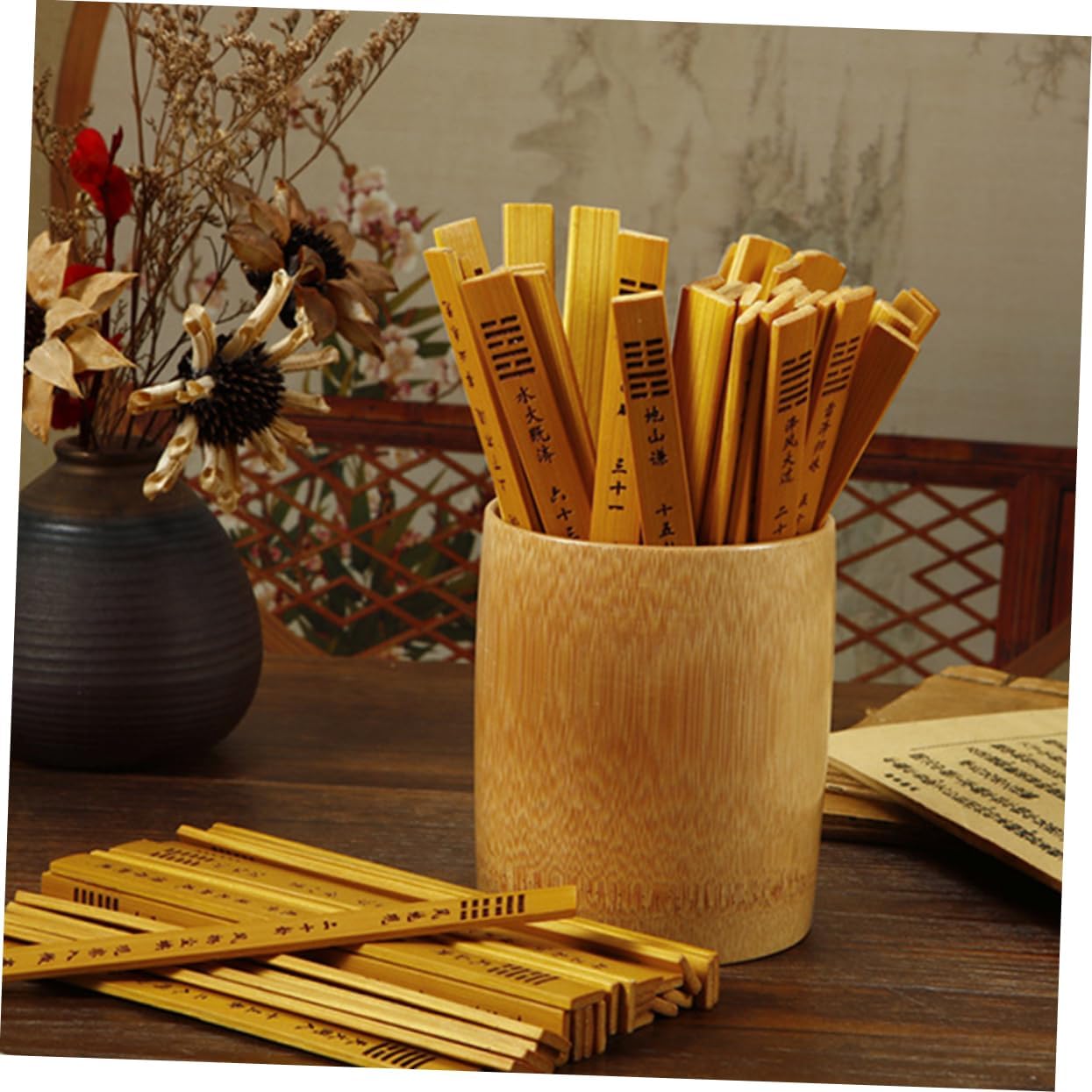 Totority Bamboo Hexagram Fortune Telling Sticks Set of 64 Sticks for Chinese Divination Game Home Entertainment
