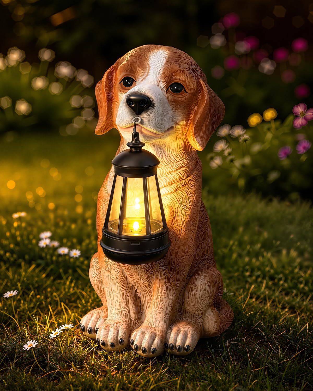 Ollny Dog Garden Ornament with Solar LED Lantern, 30cm Outdoor Resin Statue