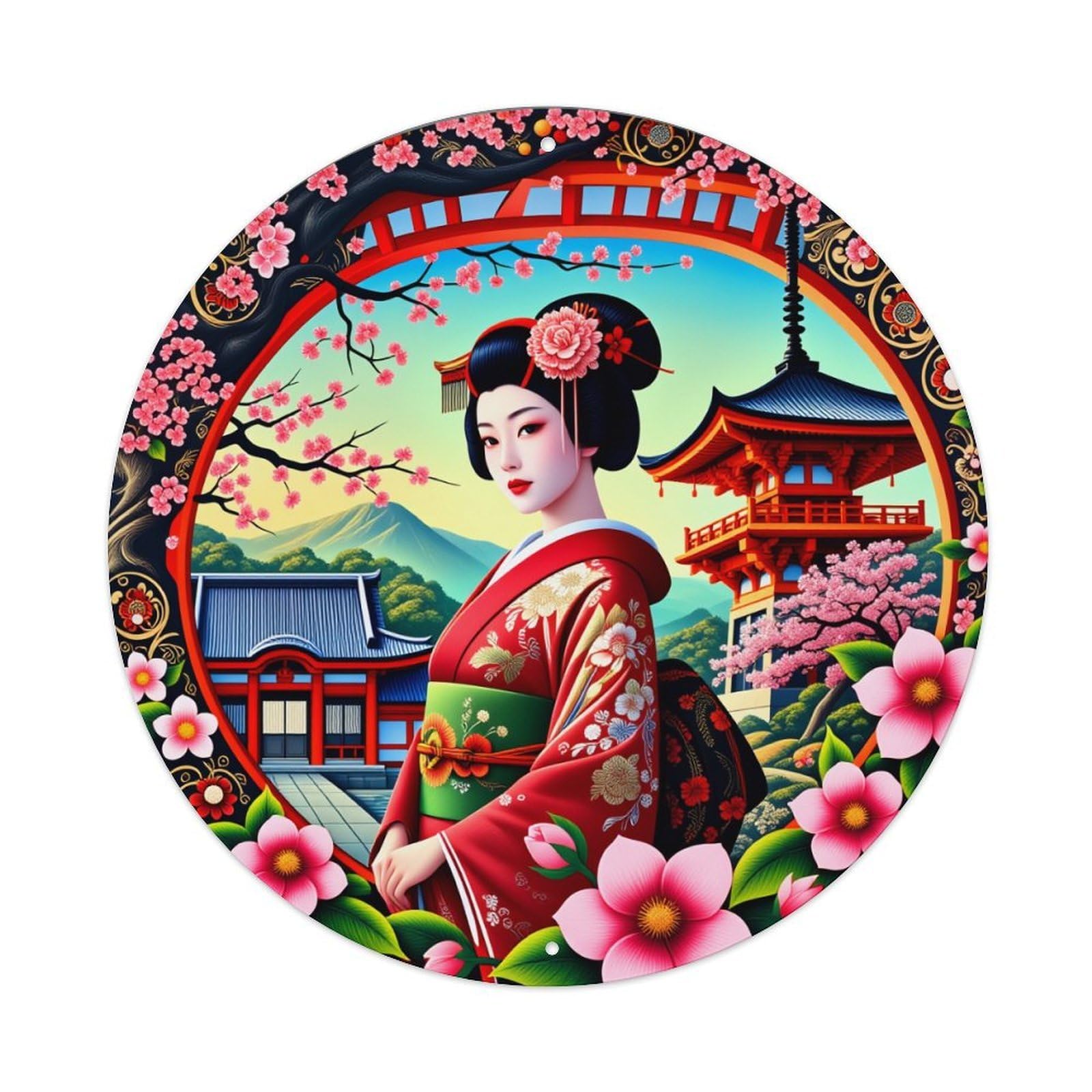 Japanese Geisha Cherry Blossom Temple Garden Metal Tin Sign Vintage Garden Bedroom Cafe Bar Man Cave Home Wall Decor Metal Poster 8x8 inches