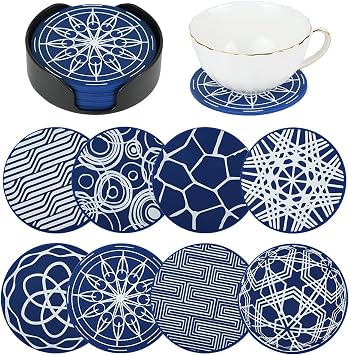 8 Pack Blue Round Silicone Drink Coasters with Holder,Outdoor Coasters