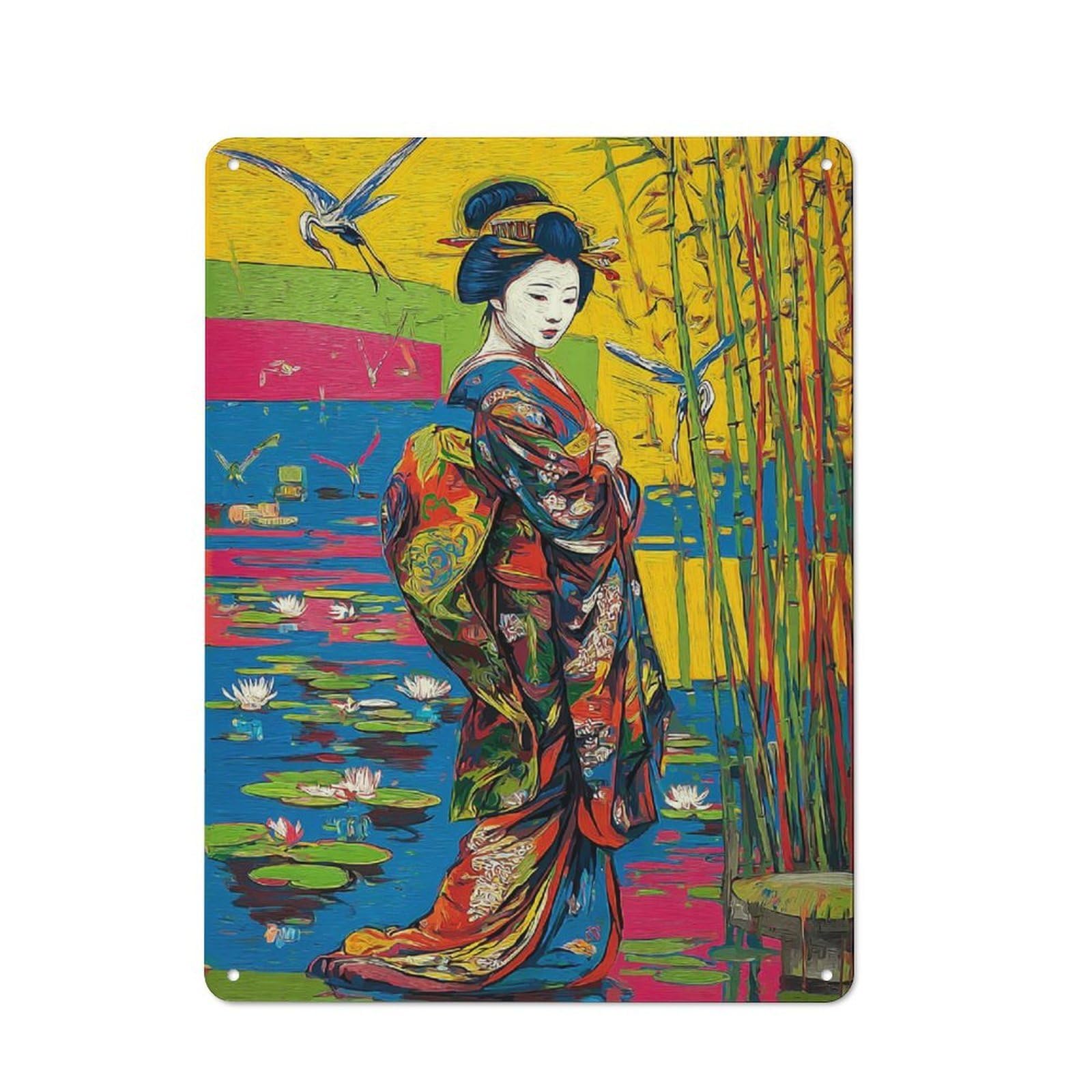 Junmoney Geisha By The Lotus Pond Rustic Tin Sign 40X30cm For Café Or Home Bar, Suited To Hospitality Decor Collectors