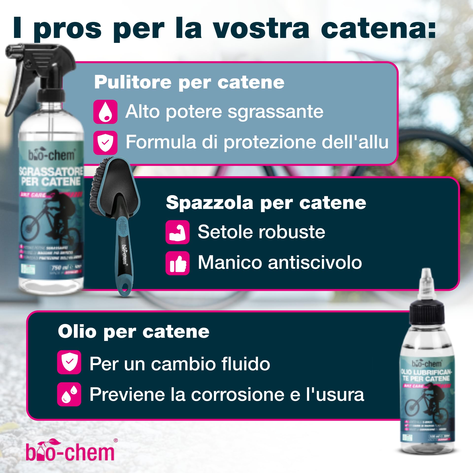 bio-chem Kit 9 prodotti per la cura e la pulizia di biciclette + accessori | Prodotti per la pulizia dei telai delle bici da corsa e delle catene - Accessori per bici inclusi - Scatola inclusa
