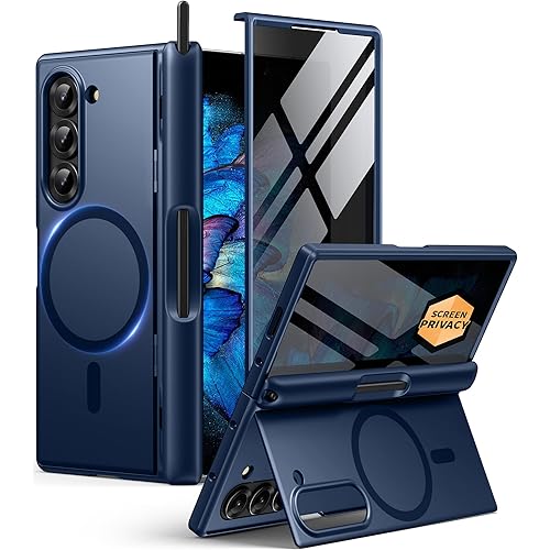 BERFY for Z Fold 6 Case with Privacy Screen Protector, [Compatible with MagSafe] Built-in Kickstand & S Pen Slot & Hinge Protection, Full Body Shockproof Phone Case for Samsung Galaxy Z Fold 6, Blue