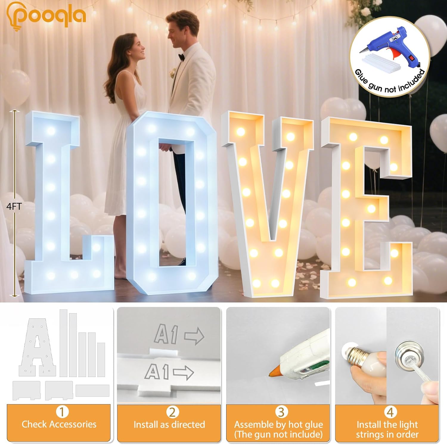 Pooqla 4 FT Marquee Light Up Letters, Cool White and Warm White Giant LED Sign Marquee Letter 4 Feet Tall, Big Mosaic Letter A for Balloons Birthday Party Anniversary Wedding Decorations - Image 4