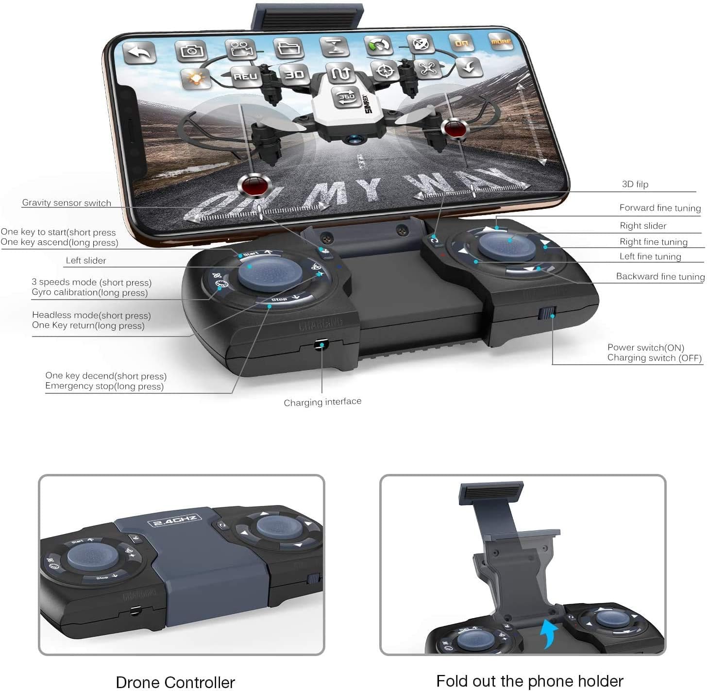 SIMREX X300C Mini Drone with Camera 720P HD FPV, RC Quadcopter Foldable, Altitude Hold, 3D Flip, Headless Mode, Gravity Control and 2 Batteries, Gifts for Kids, Adults, Beginner, Blue