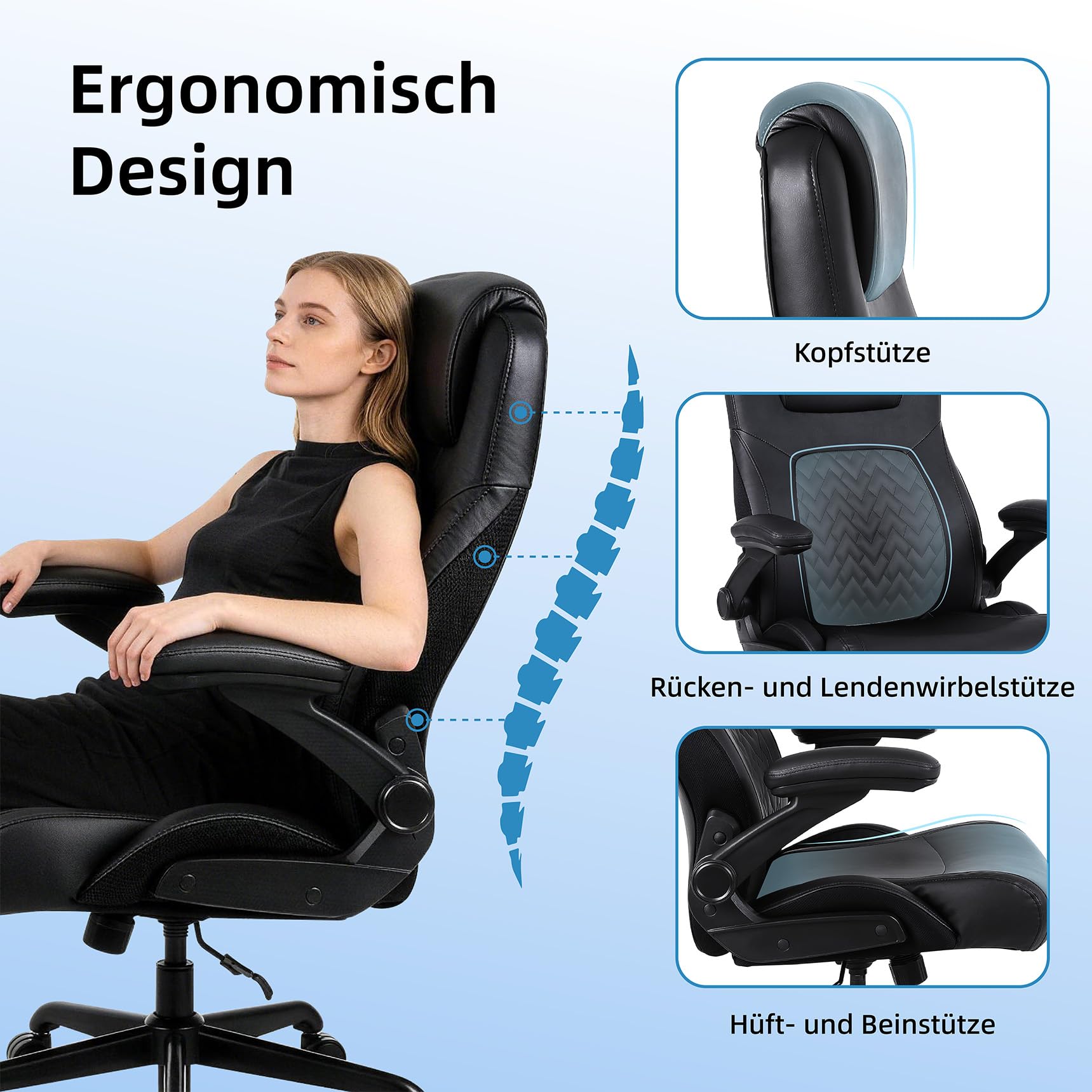 Ergonomischer Professioneller Bürostuhl, aus Kunstleder mit Lendenwirbelstütze, klappbaren Armlehnen und höhenverstellbarer Sitzfläche, Gaming-Stuhl mit Rollen für Büro und Homeoffice, Schwarz | Ermnois Bürostuhl Ergonomischer Schreibtischstuhl Profession