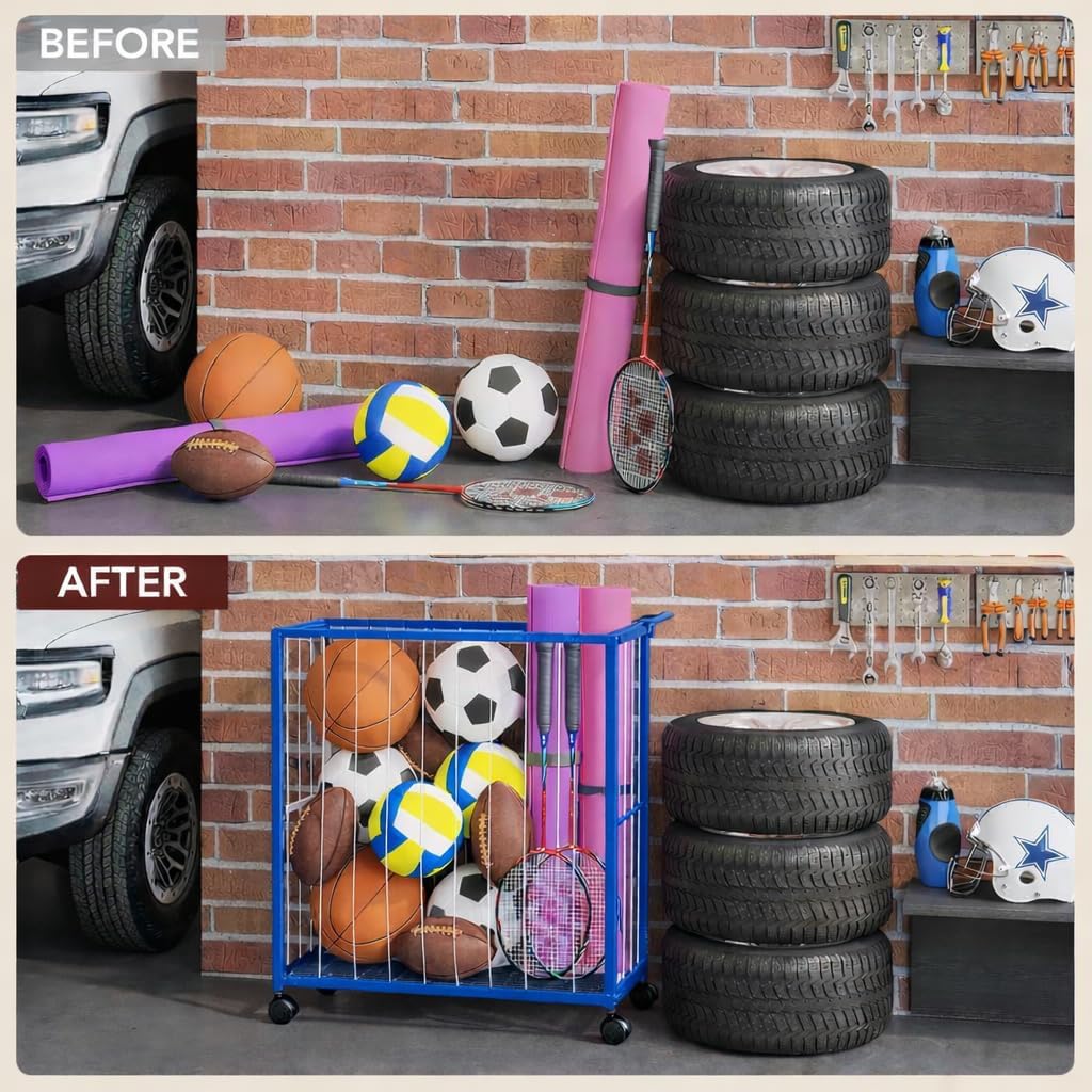 56264 Ball Storage Bin Rolling Sports Ball Cart, Metal Garage Organizer Sport Rack, Ball Basket Storage, Ball Cage for Garage or Gym, Indoor & Outdoor Sports Equipment Organizer - Blue
